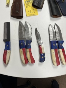 ASSORTED KNIVES - 2- 4'' HUNTING & SKINNING / 2- 3'' HUNTING & SKINNING / 1- 4'' BULL CUTTING / 1- 3'' POCKET - CUSTOM HANDMADE DAMASCUS STEEL - TEXAS FLAG RESIN HANDLE - LAMINATED LEATHER SHEATH