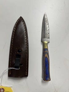 4'' DAGGER - CUSTOM HANDMADE DAMASCUS STEEL - PAKKA WOOD HANDLE - LAMINATED LEATHER SHEATH