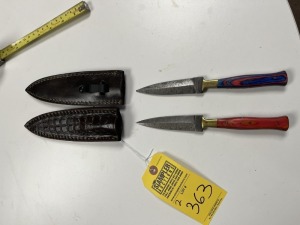 4'' DAGGERS - CUSTOM HANDMADE DAMASCUS STEEL - PAKKA WOOD HANDLE - LAMINATED LEATHER SHEATH