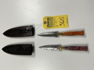 4'' DAGGERS - CUSTOM HANDMADE DAMASCUS STEEL - RESIN HANDLE - LAMINATED LEATHER SHEATH
