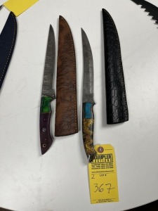 8'' FILET KNIVES - CUSTOM HANDMADE DAMASCUS STEEL - RESIN HANDLE - LAMINATED LEATHER SHEATH