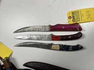 ASSORTED 8'' FILET KNIVES - CUSTOM HANDMADE DAMASCUS STEEL - 1- PAKKA WOOD HANDLE / 2- PAKKA WOOD & RESIN HANDLE - LAMINATED LEATHER SHEATH
