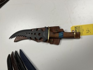 13'' COMBINATION BLADE FANTASY KNIFE - CUSTOM HANDMADE DAMASCUS STEEL - WOOD & RESIN HANDLE - LAMINATED LEATHER SHEATH