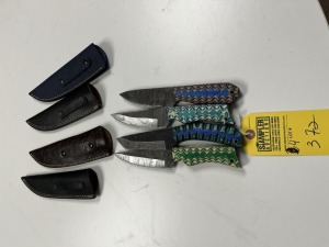 ASSORTED 4'' HUNTING & SKINNING KNIVES - CUSTOM HANDMADE DAMASCUS STEEL - PAKKA WOOD HANDLE - LAMINATED LEATHER SHEATH