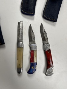 ASSORTED 3'' POCKET KNIVES - 1- BULL CUTTING - CUSTOM HANDMADE DAMASCUS STEEL - LAMINATED LEATHER SHEATH