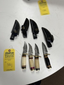 ASSORTED 3'' SKINNING KNIVES - CUSTOM HANDMADE DAMASCUS STEEL - RESIN HANDLE - LAMINATED LEATHER SHEATH