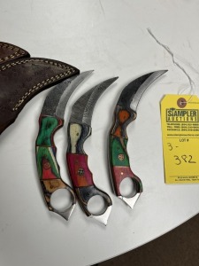 ASSORTED 3'' KARAMBIT KNIVES - CUSTOM HANDMADE DAMASCUS STEEL - PAKKA WOOD HANDLE - LAMINATED LEATHER SHEATH