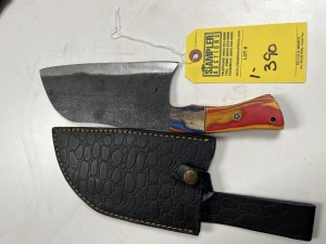 7.5'' CLEAVER - CUSTOM HANDMADE DAMASCUS STEEL - PAKKA WOOD HANDLE - LAMINATED LEATHER SHEATH