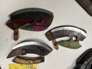 ASSORTED 7'' ULU KNIVES - CUSTOM HANDMADE DAMASCUS STEEL - PAKKA WOOD HANDLE - LAMINATED LEATHER SHEATH
