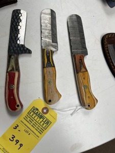 ASSORTED 4'' BULL CUTTING KNIVES - CUSTOM HANDMADE DAMASCUS STEEL - PAKKA WOOD HANDLE - LAMINATED LEATHER SHEATH