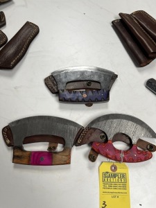 ASSORTED 6'' ALASKAN ULU KNIVES - CUSTOM HANDMADE DAMASCUS STEEL - PAKKA WOOD HANDLE - LAMINATED LEATHER SHEATH