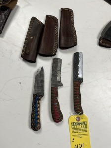 ASSORTED 4'' KNIVES - 1- HUNTING & SKINNING / 2- BULL CUTTING - CUSTOM HANDMADE DAMASCUS STEEL - PAKKA WOOD HANDLE - LAMINATED LEATHER SHEATH