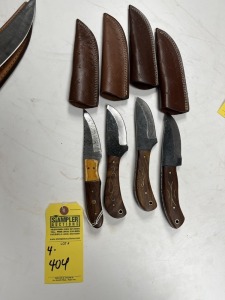 ASSORTED 4'' HUNTING & SKINNING KNIVES - CUSTOM HANDMADE DAMASCUS STEEL - LAMINATED LEATHER SHEATH