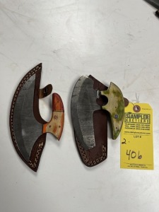 ASSORTED ALASKAN ULU KNIVES - 1- 5.5'' / 1- 6'' - CUSTOM HANDMADE DAMASCUS STEEL - PAKKA WOOD HANDLE - LAMINATED LEATHER SHEATH