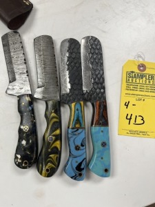 ASSORTED 4'' BULL CUTTING KNIVES - CUSTOM HANDMADE DAMASCUS STEEL - 2- PAKKA WOOD & RESIN HANDLE / 2- RESIN HANDLE - LAMINATED LEATHER SHEATH