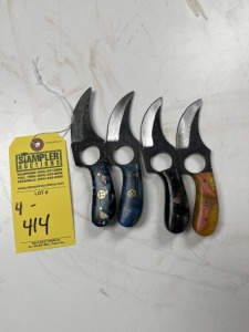 ASSORTED 3.5'' SKINNING KNIVES - CUSTOM HANDMADE DAMASCUS STEEL - RESIN HANDLE - LAMINATED LEATHER SHEATH