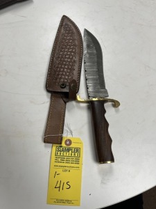8'' BOWIE KNIFE - CUSTOM HANDMADE DAMASCUS STEEL - WOOD HANDLE - LAMINATED LEATHER SHEATH
