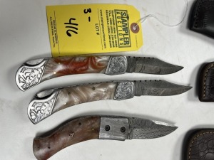 ASSORTED POCKET KNIVES - 1- 3'' / 2- 4'' - CUSTOM HANDMADE DAMASCUS STEEL - RESIN HANDLE - LAMINATED LEATHER SHEATH