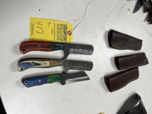 ASSORTED 6'' BULL CUTTING KNIVES - CUSTOM HANDMADE DAMASCUS STEEL - PAKKA WOOD HANDLE - LAMINATED LEATHER SHEATH