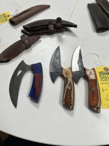 ASSORTED ULU KNIVES - 2- 5.5'' / 1- 6'' - CUSTOM HANDMADE DAMASCUS STEEL - PAKKA WOOD HANDLE - LAMINATED LEATHER SHEATH