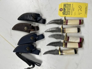 ASSORTED 3'' SKINNING KNIVES - CUSTOM HANDMADE DAMASCUS STEEL - RESIN HANDLE - LAMINATED LEATHER SHEATH