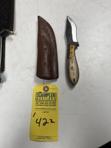 4'' HUNTING & SKINNING KNIFE - CUSTOM HANDMADE DAMASCUS STEEL - PAKKA WOOD HANDLE - LAMINATED LEATHER SHEATH