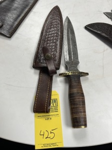 8'' DAGGER - CUSTOM HANDMADE DAMASCUS STEEL - PAKKA WOOD HANDLE - LAMINATED LEATHER SHEATH