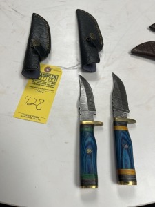 ASSORTED 4'' HUNTING & SKINNING KNIVES - CUSTOM HANDMADE DAMASCUS STEEL - PAKKA WOOD HANDLE - LAMINATED LEATHER SHEATH