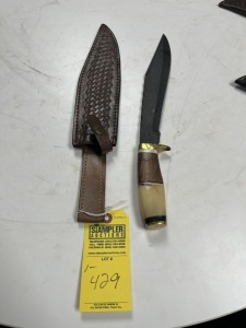 10'' BOWIE KNIFE - CUSTOM HANDMADE DAMASCUS STEEL - WOOD & RESIN HANDLE - LAMINATED LEATHER SHEATH