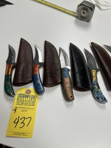 ASSORTED 4'' HUNTING & SKINNING KNIVES - CUSTOM HANDMADE DAMASCUS STEEL - PAKKA WOOD & RESIN HANDLE - LAMINATED LEATHER SHEATH