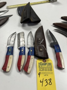 ASSORTED 4'' KNIVES - 3- HUNTING & SKINNING / 1- BULL CUTTING - CUSTOM HANDMADE DAMASCUS STEEL - TEXAS PAKKA WOOD & RESIN HANDLE - LAMINATED LEATHER SHEATH