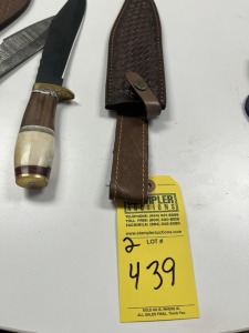 ASSORTED BOWIE KNIVES - 1- 8'' RESIN HANDLE / 1- 10'' WOOD & RESIN HANDLE - CUSTOM HANDMADE DAMASCUS STEEL - LAMINATED LEATHER SHEATH