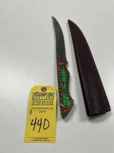 8'' FILET KNIFE - CUSTOM HANDMADE DAMASCUS STEEL - PAKKA WOOD HANDLE - LAMINATED LEATHER SHEATH