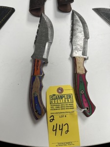 ASSORTED 5'' HUNTING & SKINNING KNIVES - CUSTOM HANDMADE DAMASCUS STEEL - PAKKA WOOD HANDLE - LAMINATED LEATHER SHEATH