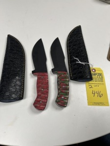 ASSORTED 6'' HUNTING & SKINNING KNIVES - CUSTOM HANDMADE DAMASCUS STEEL - PAKKA WOOD HANDLE - LAMINATED LEATHER SHEATH
