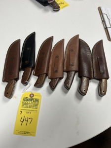 ASSORTED HUNTING & SKINNING KNIVES - 3- 3.5'' / 4- 4'' - CUSTOM HANDMADE DAMASCUS STEEL - WOOD HANDLE - LAMINATED LEATHER SHEATH
