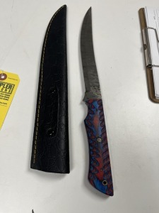 8.5'' FILET KNIFE - CUSTOM HANDMADE DAMASCUS STEEL - PAKKA WOOD HANDLE - LAMINATED LEATHER SHEATH