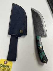 7'' CLEAVER - CUSTOM HANDMADE DAMASCUS STEEL - RESIN HANDLE - LAMINATED LEATHER SHEATH