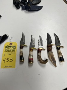ASSORTED 3'' SKINNING KNIVES - CUSTOM HANDMADE DAMASCUS STEEL - BONE HANDLE - LAMINATED LEATHER SHEATH