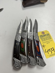 ASSORTED 4'' POCKET KNIVES - CUSTOM HANDMADE DAMASCUS STEEL - PAKKA WOOD HANDLE - LAMINATED LEATHER SHEATH
