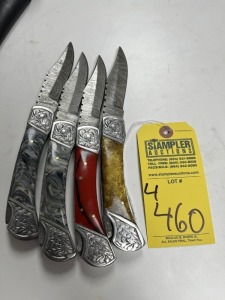 ASSORTED 4'' POCKET KNIVES - CUSTOM HANDMADE DAMASCUS STEEL - RESIN HANDLE - LAMINATED LEATHER SHEATH