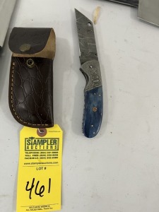 4'' BULL CUTTING POCKET KNIFE - CUSTOM HANDMADE DAMASCUS STEEL - RESIN HANDLE - LAMINATED LEATHER SHEATH