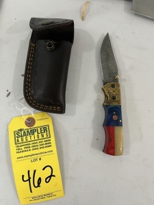 3'' POCKET KNIFE - CUSTOM HANDMADE DAMASCUS STEEL - TEXAS PAKKA WOOD & RESIN HANDLE - LAMINATED LEATHER SHEATH