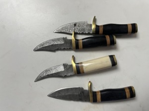 ASSORTED 3'' SKINNING KNIVES - CUSTOM HANDMADE DAMASCUS STEEL - RESIN HANDLE - LAMINATED LEATHER SHEATH