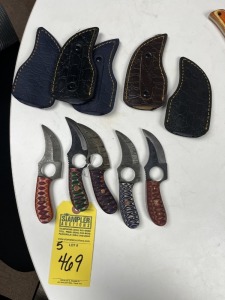 ASSORTED 3'' SKINNING KNIVES - CUSTOM HANDMADE DAMASCUS STEEL - PAKKA WOOD HANDLE - LAMINATED LEATHER SHEATH