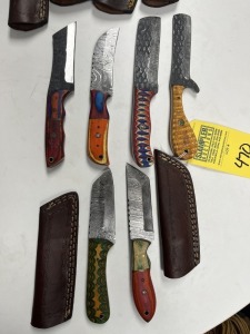 ASSORTED 4'' BULL CUTTING KNIVES - CUSTOM HANDMADE DAMASCUS STEEL - PAKKA WOOD HANDLE - LAMINATED LEATHER SHEATH