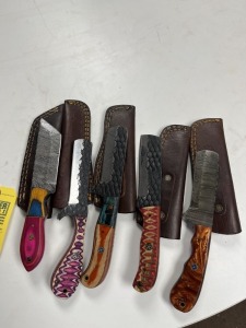 ASSORTED 4'' BULL CUTTING KNIVES - CUSTOM HANDMADE DAMASCUS STEEL - 4- PAKKA WOOD HANDLE / 1- RESIN HANDLE - LAMINATED LEATHER SHEATH