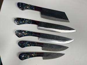 ASSORTED CHEF KNIVES - CUSTOM HANDMADE DAMASCUS STEEL - PAKKA WOOD & RESIN HANDLE