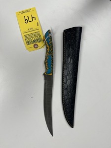 8.5'' FILET KNIFE - CUSTOM HANDMADE DAMASCUS STEEL - PAKKA WOOD HANDLE - LAMINATED LEATHER SHEATH
