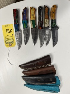 ASSORTED 4'' HUNTING & SKINNING KNIVES - CUSTOM HANDMADE DAMASCUS STEEL - PAKKA WOOD HANDLE - LAMINATED LEATHER SHEATH